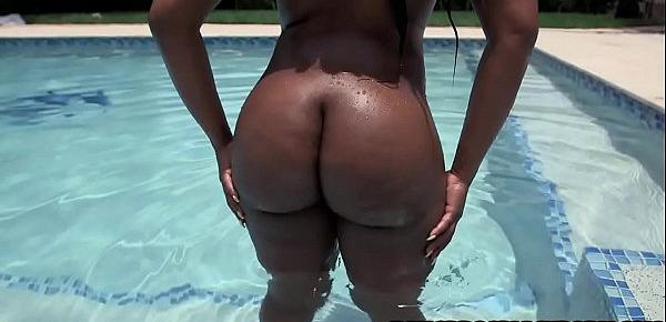  Hot black babe gets horny at the pool and starts sucking a big black dick
